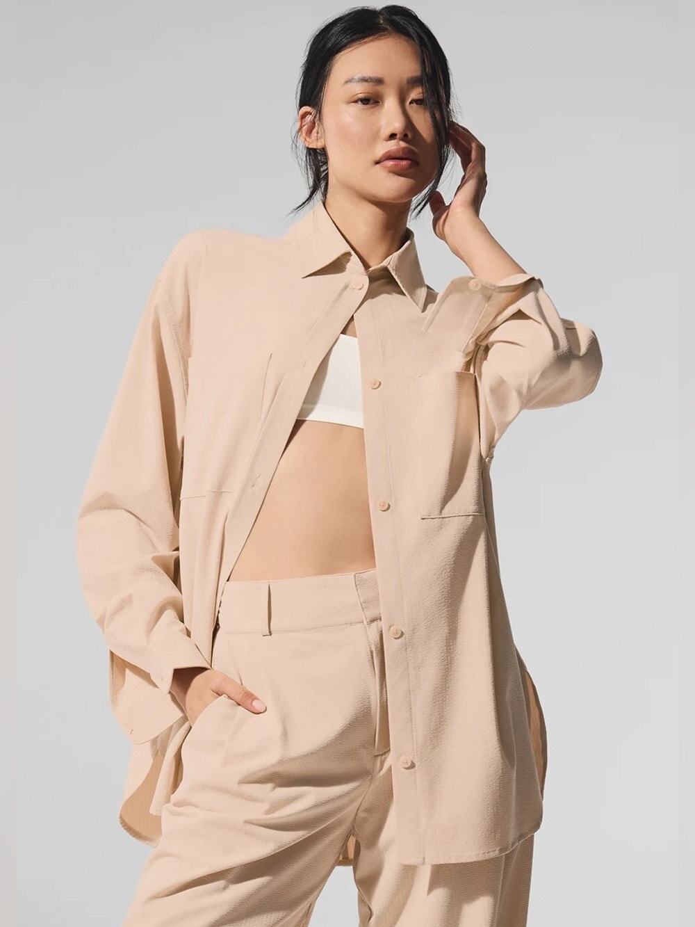 Alo Yoga 2 Piece Cream Dreamscape Button Down Long Sleeve Pants Set S